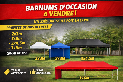 Barnums pliants d’exposition à vendre – disponibles en 2x3, 3x3, 3x4,5 et 3x6m