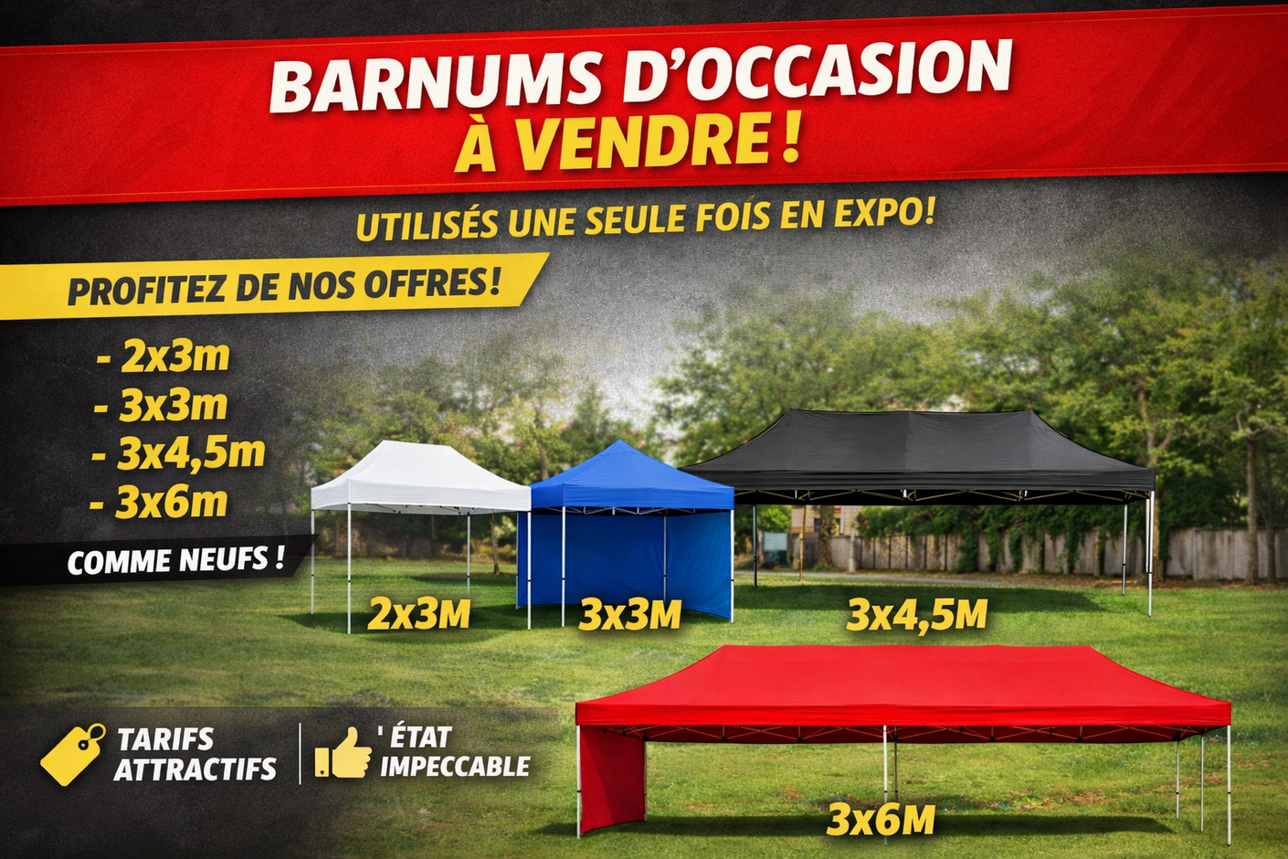 Barnums pliants d’exposition à vendre – disponibles en 2x3, 3x3, 3x4,5 et 3x6m